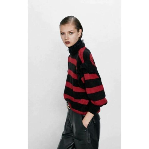 Zara Women Striped Sweater Ruffle Detail S Red - Picture 4 of 6